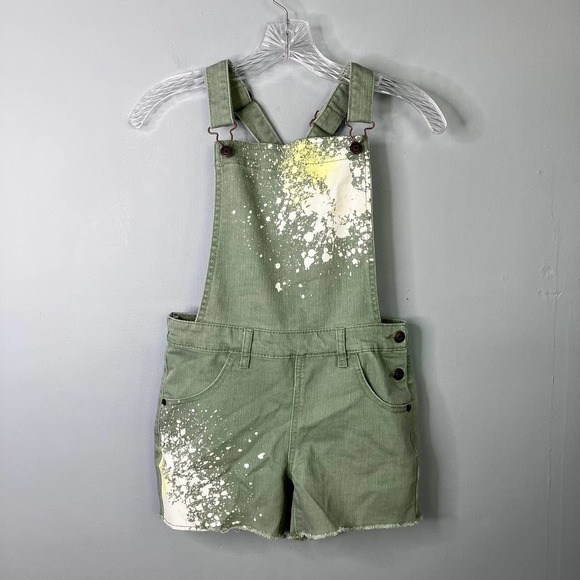 CAT & Jack Paint Splatter Pioneer Sage Green Shortalls Short Overalls Girls' L - Picture 1 of 16